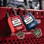 Candado de bloqueo ABUS rojo y azul con llave sobrepuesto es una caja de bloqueo