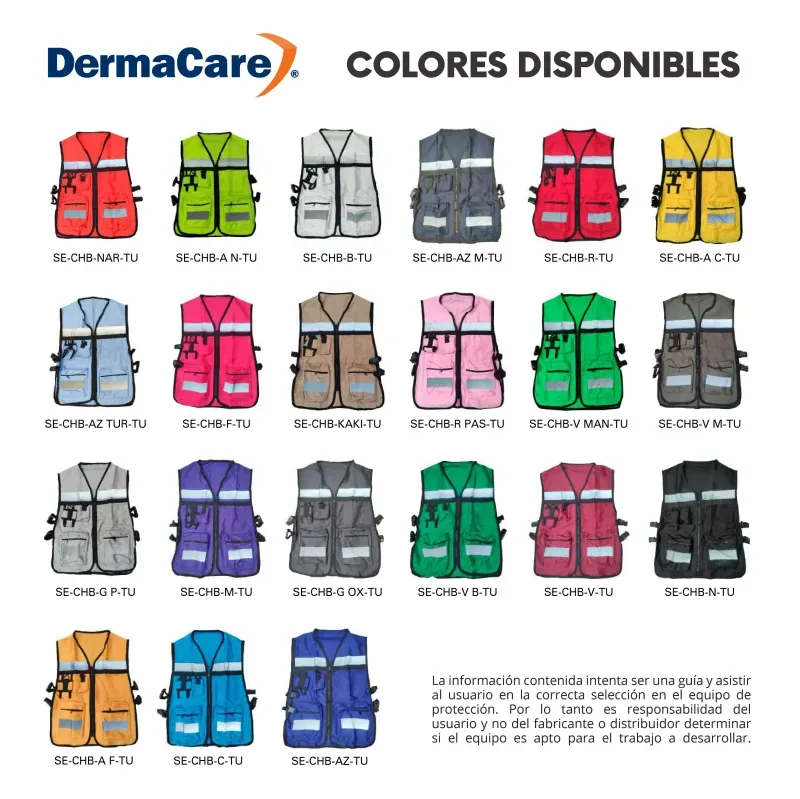 Infografía del catálogo de colores para chalecos brigadistas DermaCare serie SE-CHB